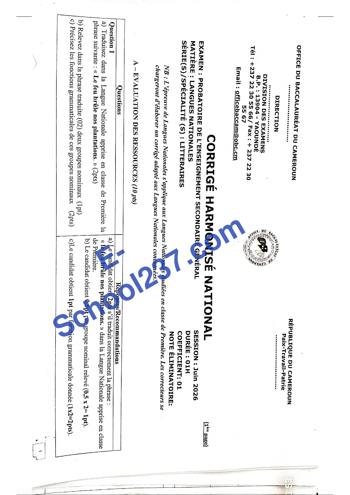 Corrigé national harmonisé Langue Nationale Prob A4 2026